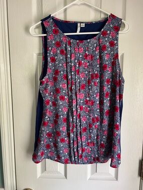 Elle Navy Sleeveless Floral Pintuck Shell with Pink Accents